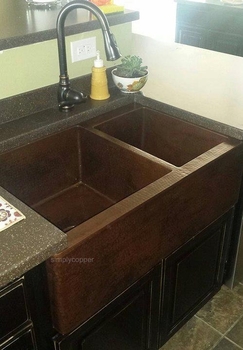 SimplyCoppper 33 in. Copper Farmhouse 60/40 Split Kitchen Sink 10