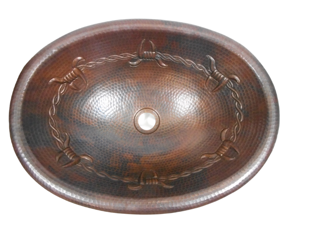 19" Oval Copper Bathroom Sink with Barb Wire Design 19-Hole Grid Drain Included 