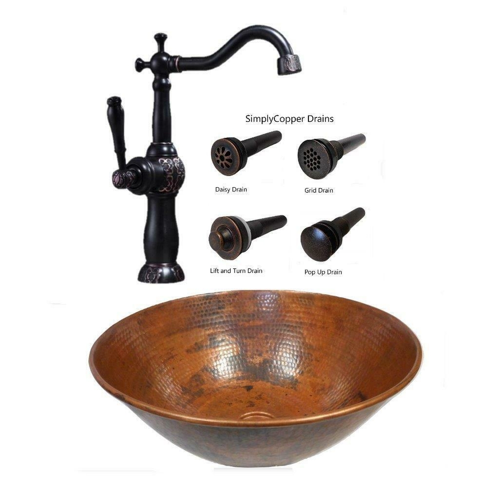 14" Round Copper Vessel Bath Sink in Natural Fire with 13" ORB Faucet