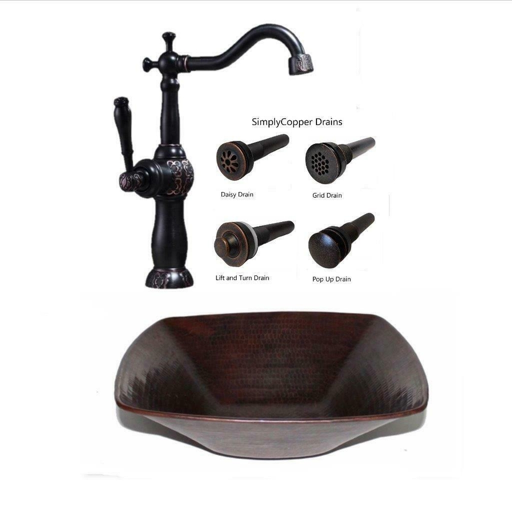 15" Square Copper Vessel Bath Sink with 13" ORB Clayborne Faucet & Drain Vessel Sink Combo
