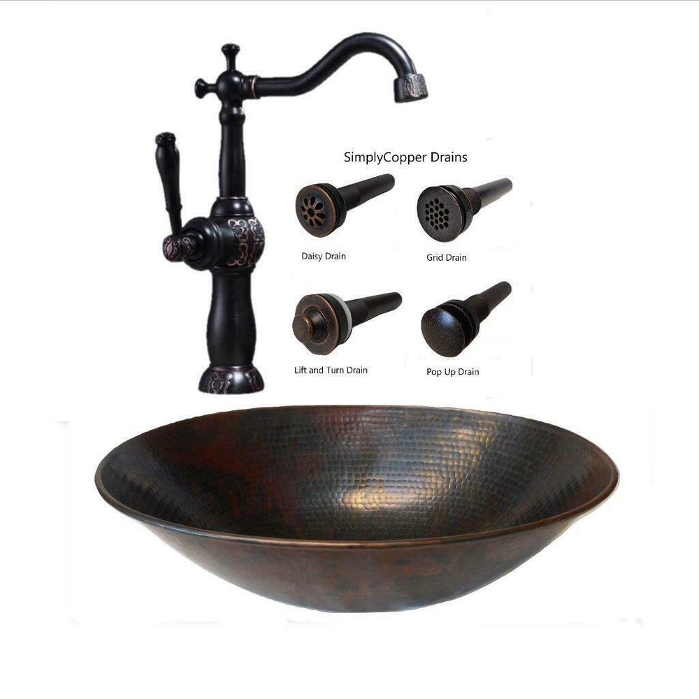 17" Oval Copper Vessel Bath Sink with 13" ORB Claymore Faucet & Drain
