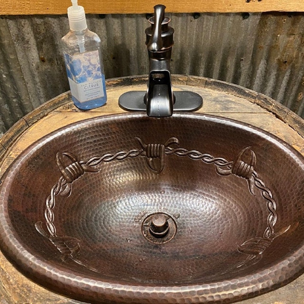 19" Oval Drop In Copper Vanity Sink with Barbed Wire & DAISY DRAIN 