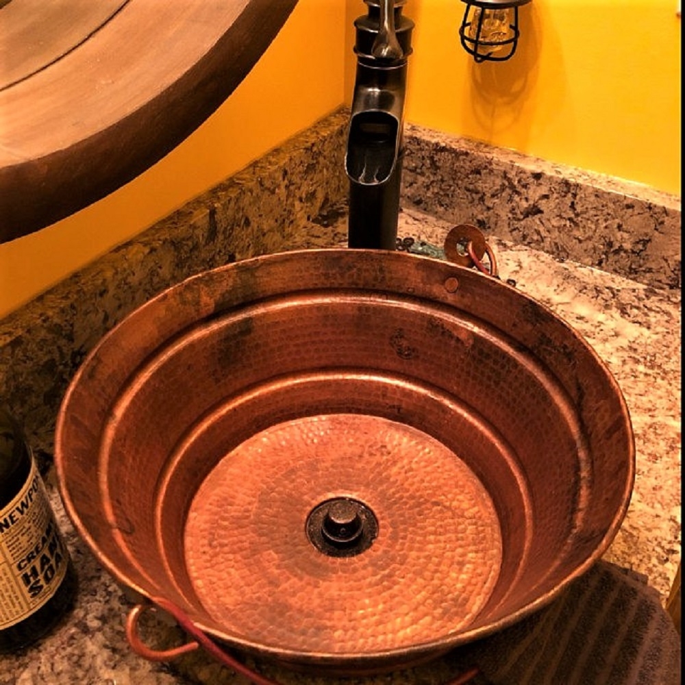 15" Round Copper Bathroom Sink in a Natural Fire Bucket Sinks