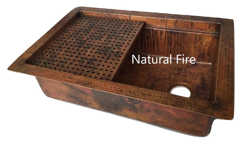 33" Natural Patina Copper Kitchen Sink with a Sliding Drainboard One