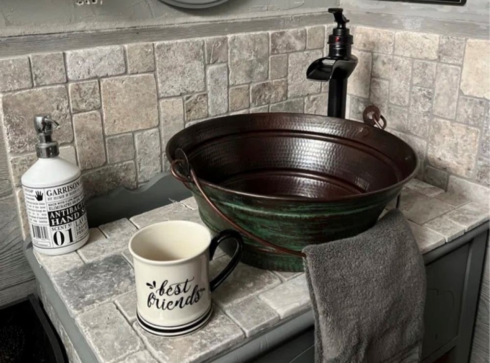 Copper Vessel Bucket Sink with Green Distressed
