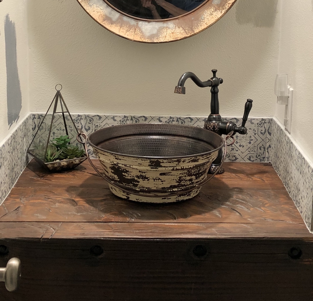 15" Round Copper Bucket Bathroom Sink with Distressed White Exterior