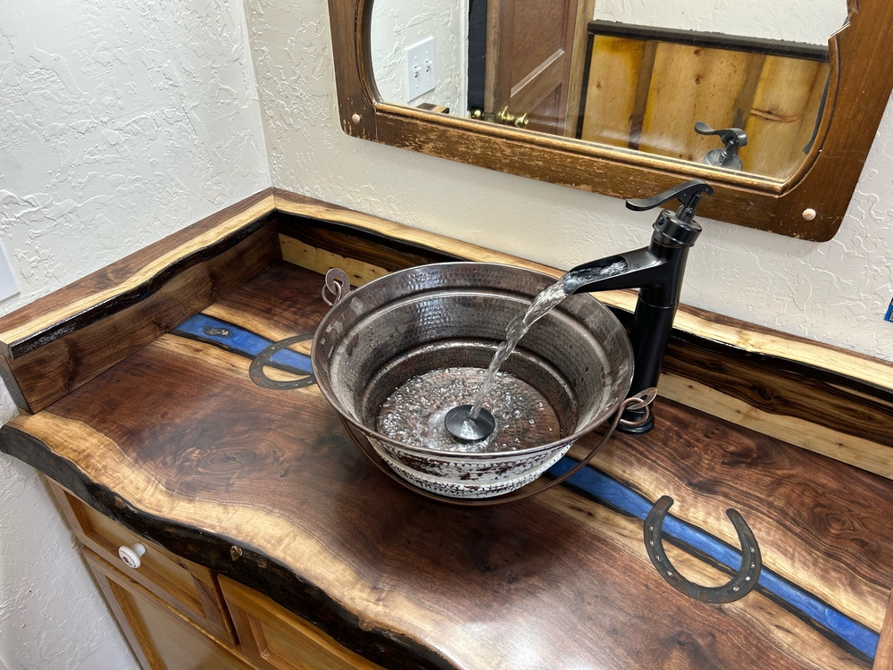 15" Round Copper Bucket Bathroom Sink with Distressed White Exterior