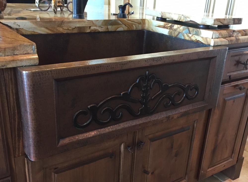 33" Copper Kitchen Farmhouse Sink 10" Apron with Iron Scroll Design