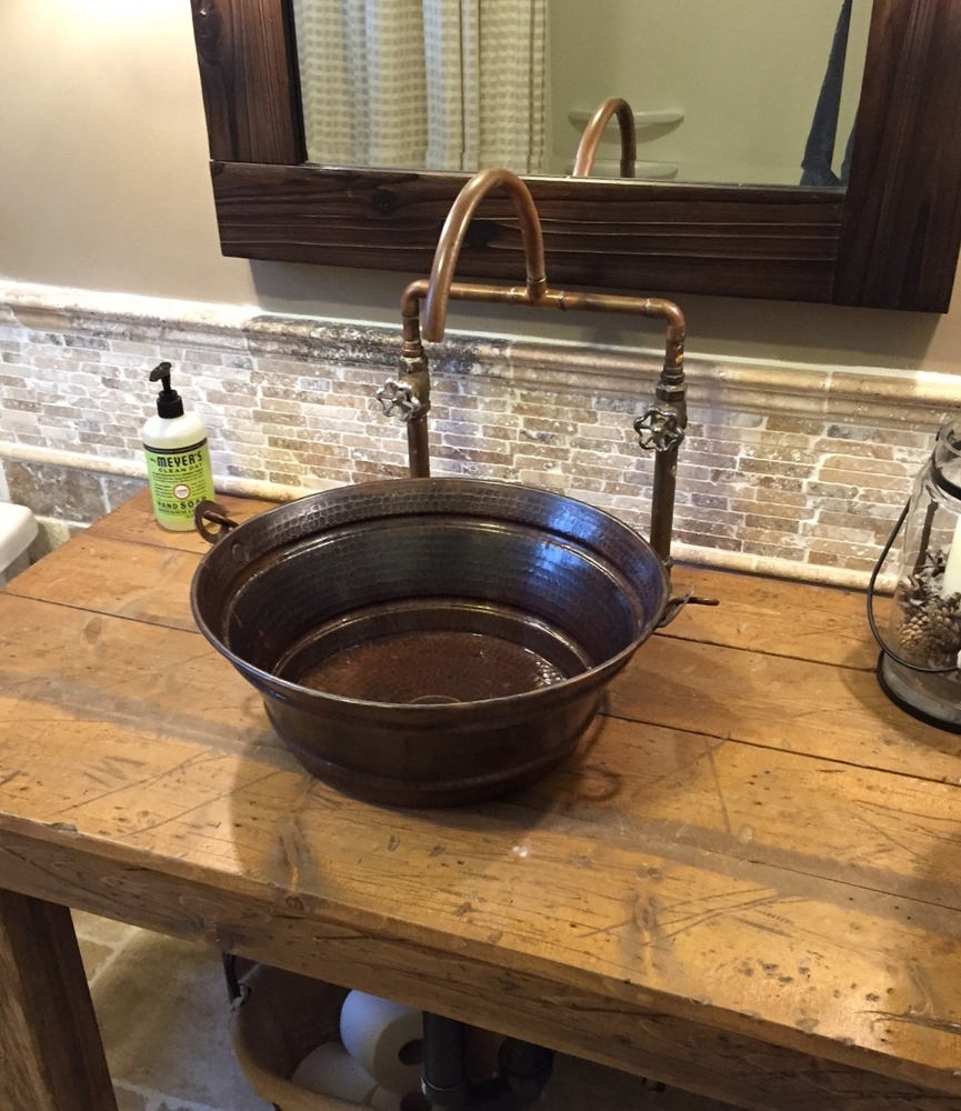 Bucket One Round Vessel Bathroom Copper Sink in Natural Finish 