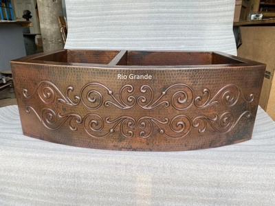 Two Well  Rounded Apron SCROLL Copper Kitchen Farmhouse Sink | Farmhouse Sink