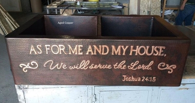 50/50 Copper Kitchen Farmhouse Sink with  Joshua 24:15 Verse  | Two Well Farmhouse 9