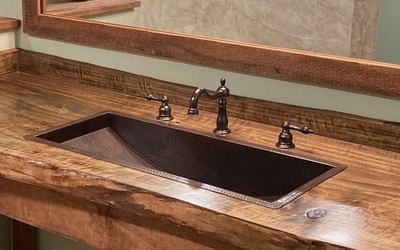 Rectangular Copper Bathroom Sink Shown in Aged Copper Patina | Trough Sink