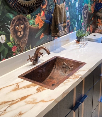Rectangular Copper Bath Sink Dragonfly  Design Shown in Rio Grande Patina | Trough Sink