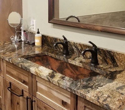 Rectangular Copper Bathroom Trough Sink Shown in Natural Patina G2 | Trough Sink