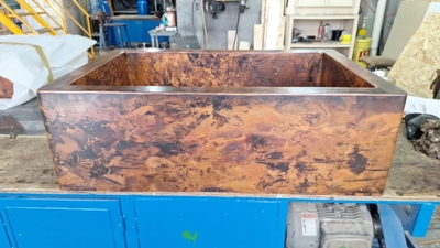 Copper Farmhouse Kitchen Sink Hand Hammered Interior Smooth Apron | One Well Farmhouse 9 & 10