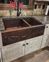 Image 60/40 Copper Farmhouse Kitchen Sink with <b>Nature Design</b> #G1